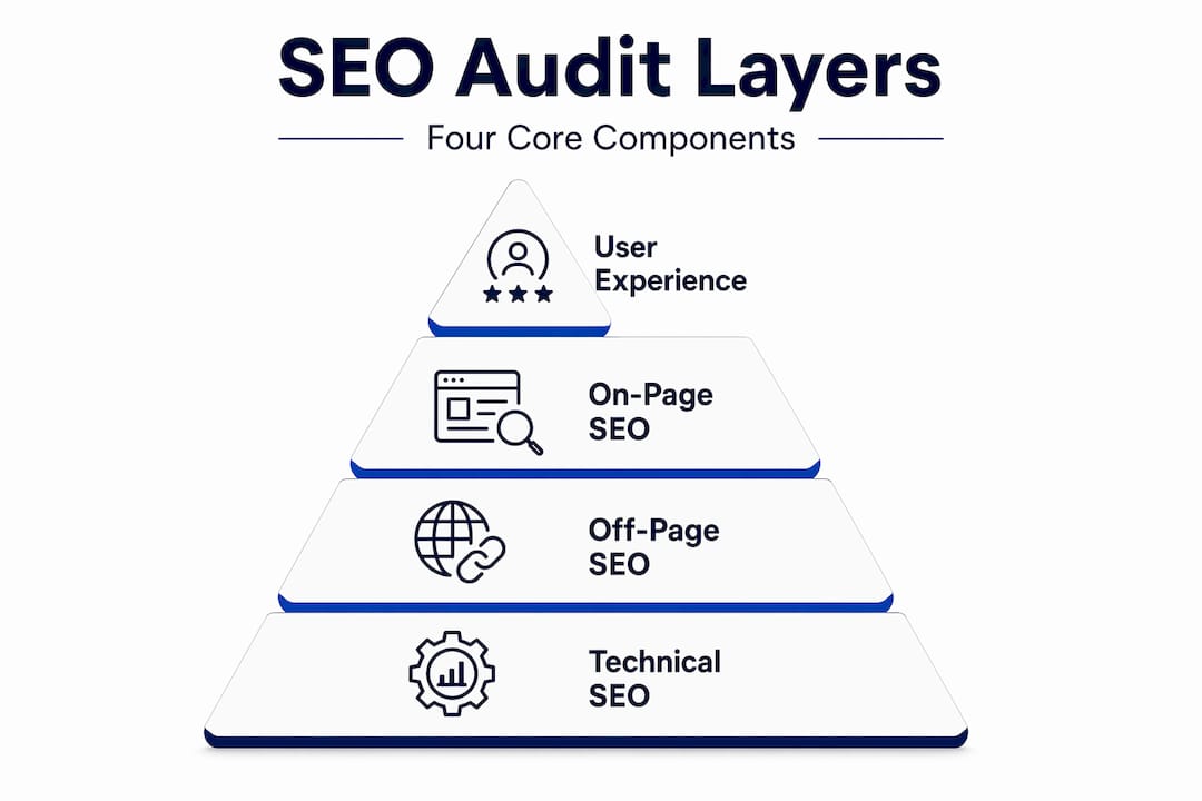 Infographic showing four core SEO audit layers pyramid