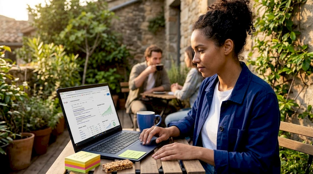 Analyst checks website ranking changes on laptop