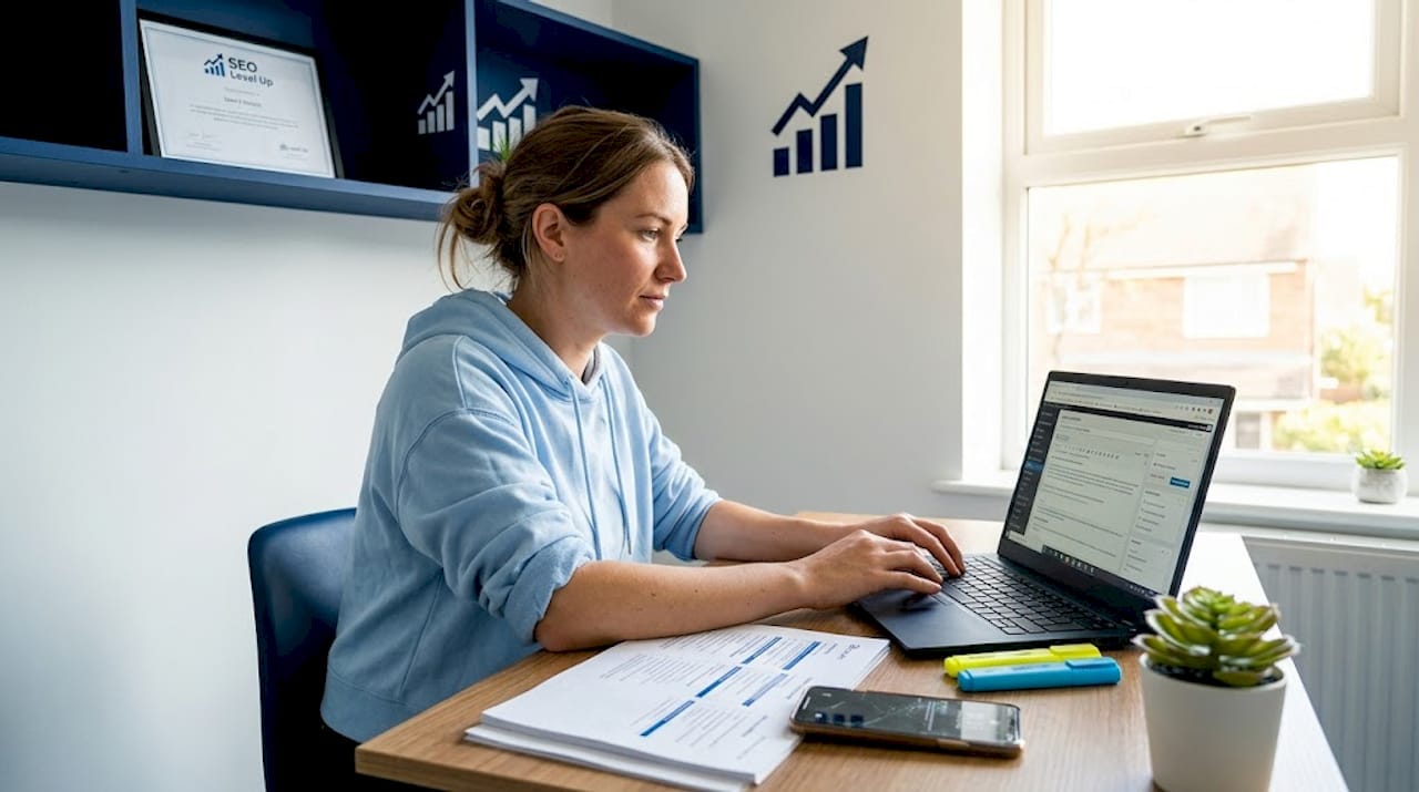 Woman revising content strategy at home desk