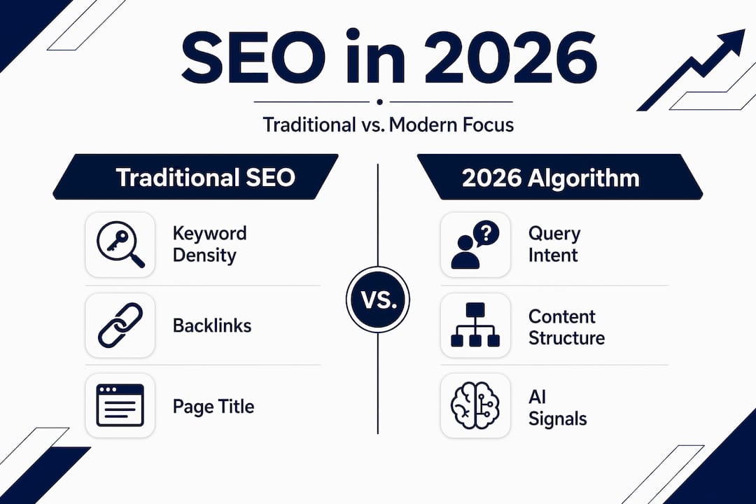 Infographic comparing traditional and 2026 SEO signals