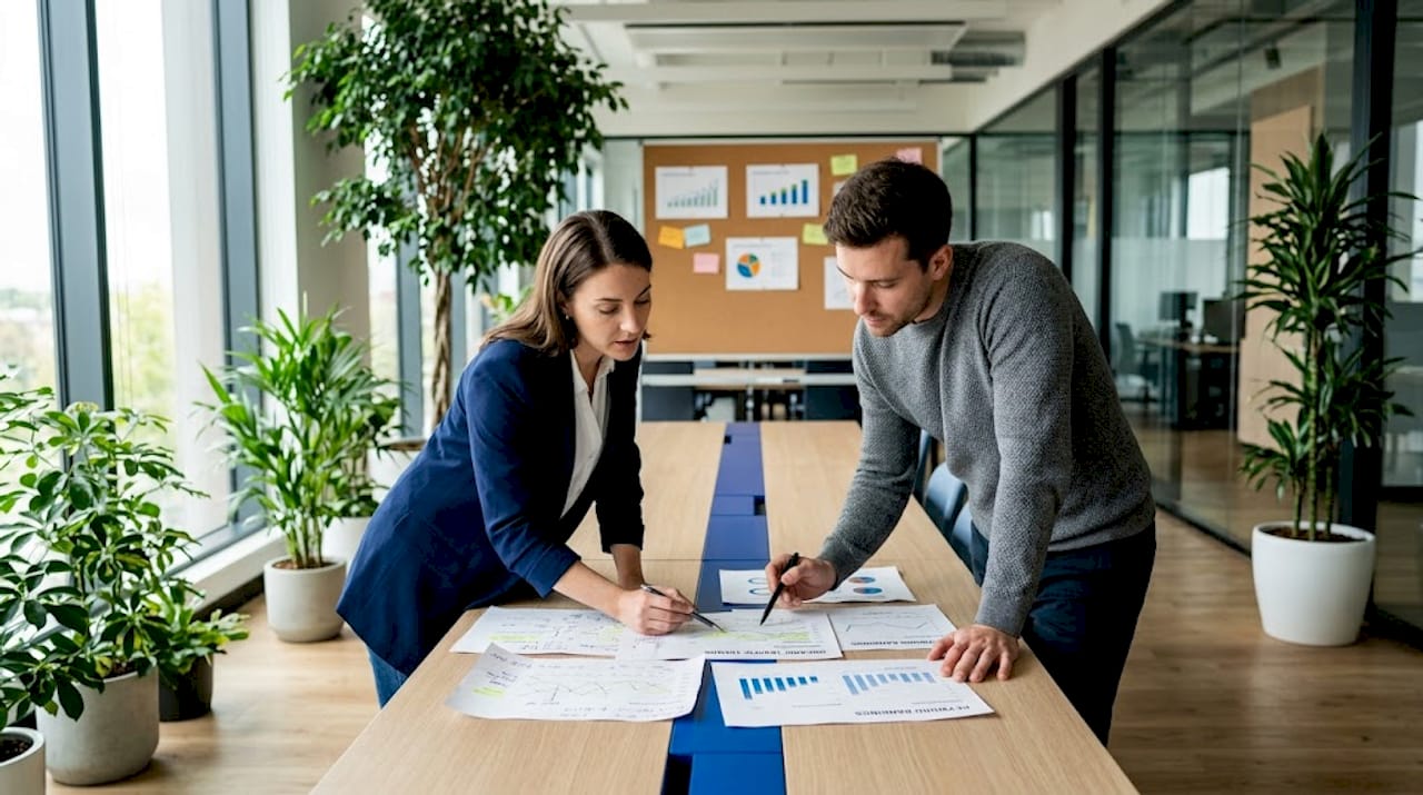 Analysts comparing printed SEO data reports
