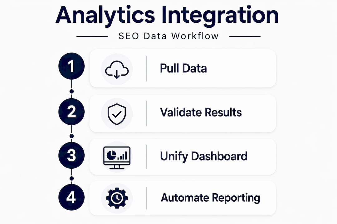 Infographic showing SEO analytics integration workflow steps