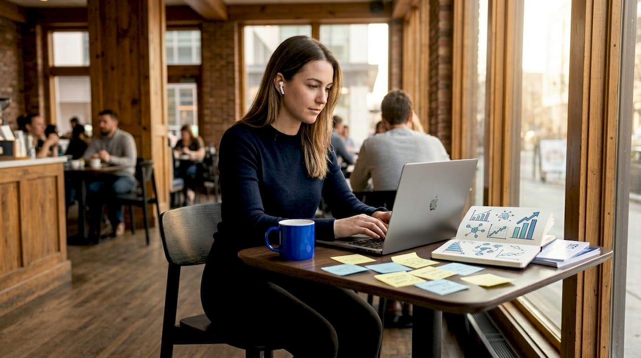 Woman editing marketing content at home