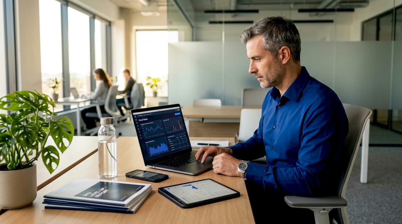Person reviewing crawl stats report at kitchen table