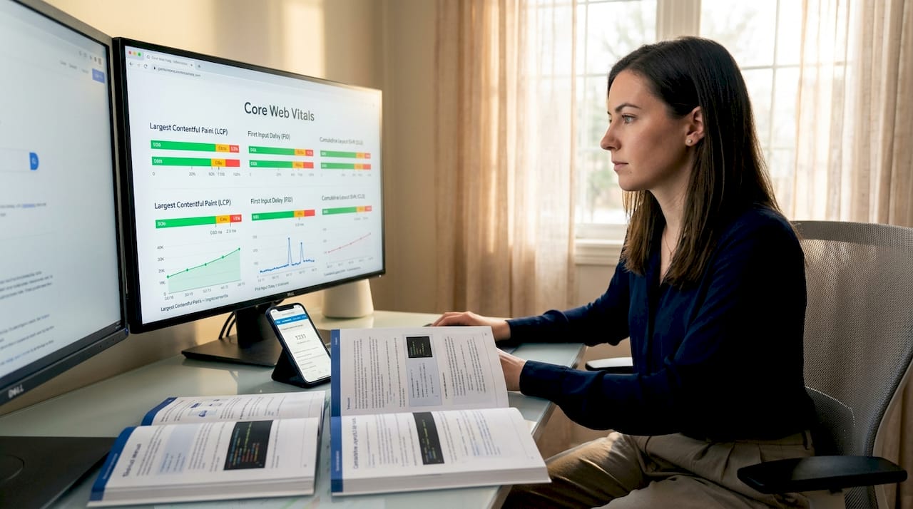 Web developer analyzing Core Web Vitals data at coworking desk