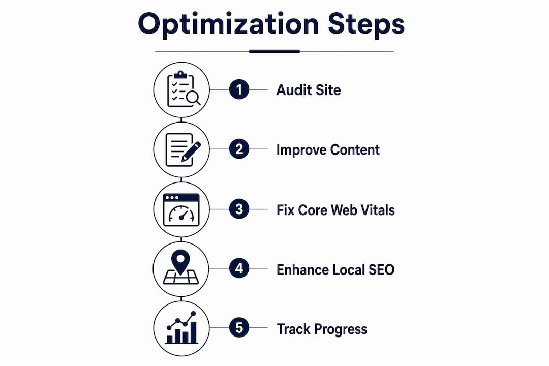 Infographic illustrating website optimization steps for SMBs