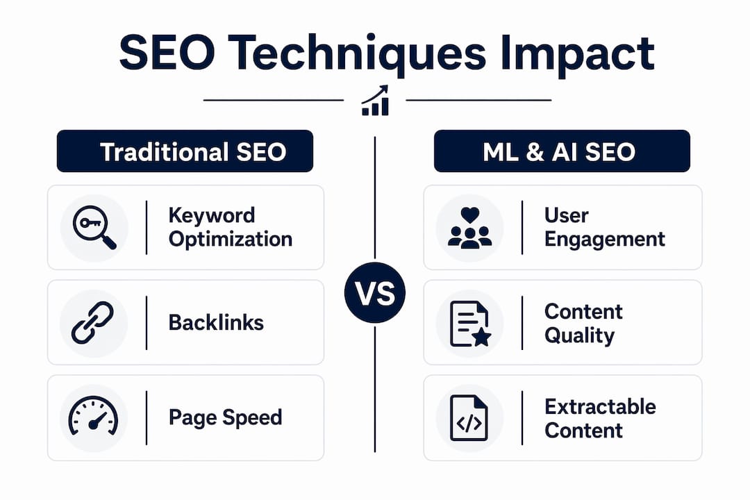 Infographic comparing traditional SEO vs ML and AI SEO techniques