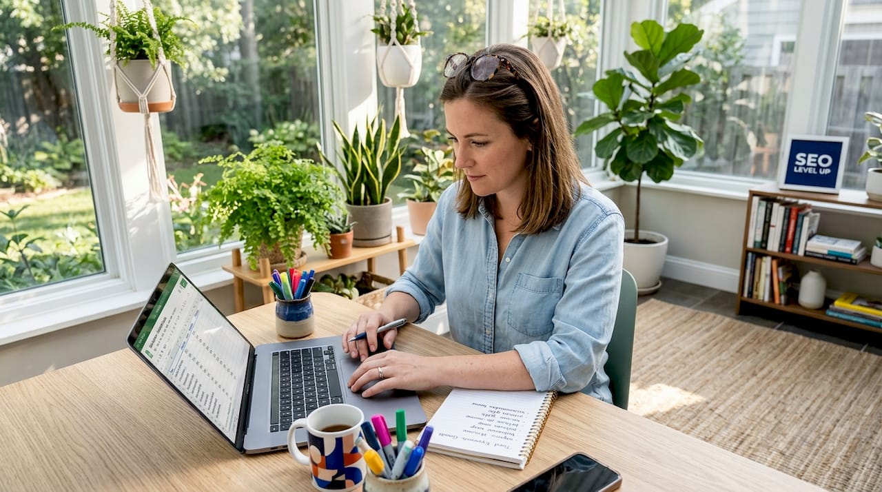 Business owner brainstorming seed keywords at kitchen table