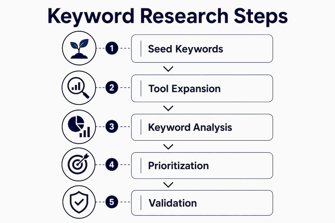 Infographic illustrating the keyword research process in five steps