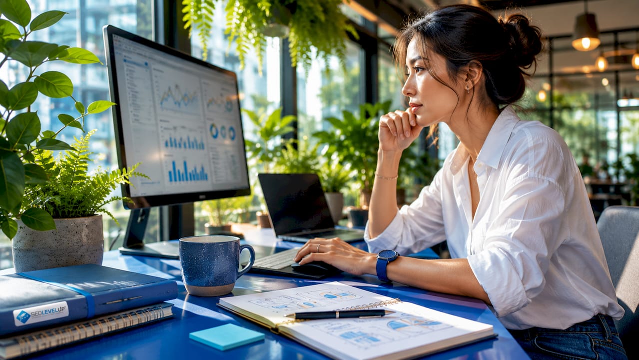 Woman analyzing SEO data on desktop computer
