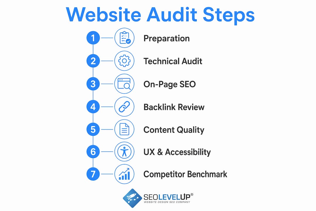 Step-by-step website audit process infographic