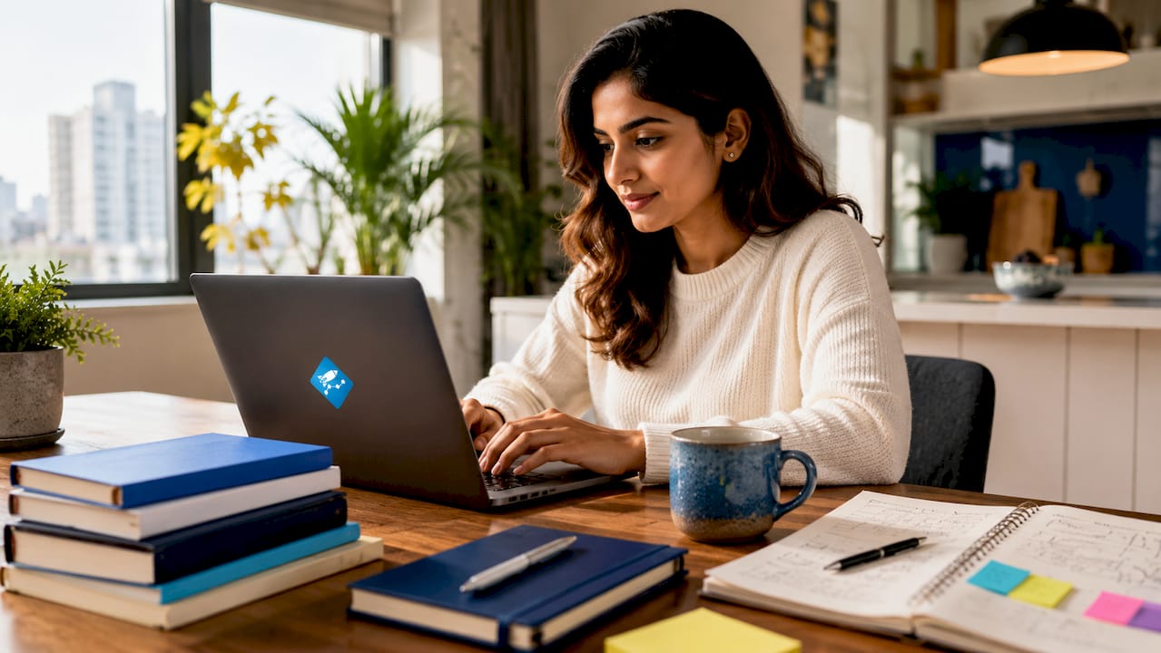 Person typing alt text on laptop at home desk