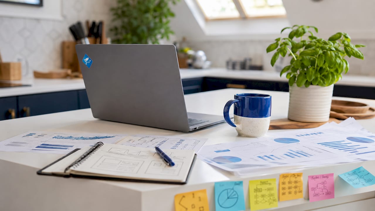 Workspace with laptop, sticky notes, and reports