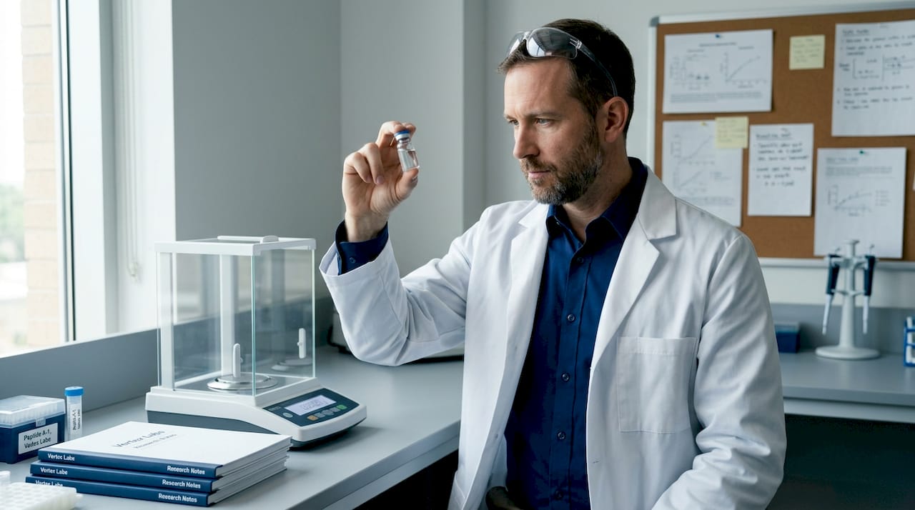 Scientist confirming peptide solution clarity
