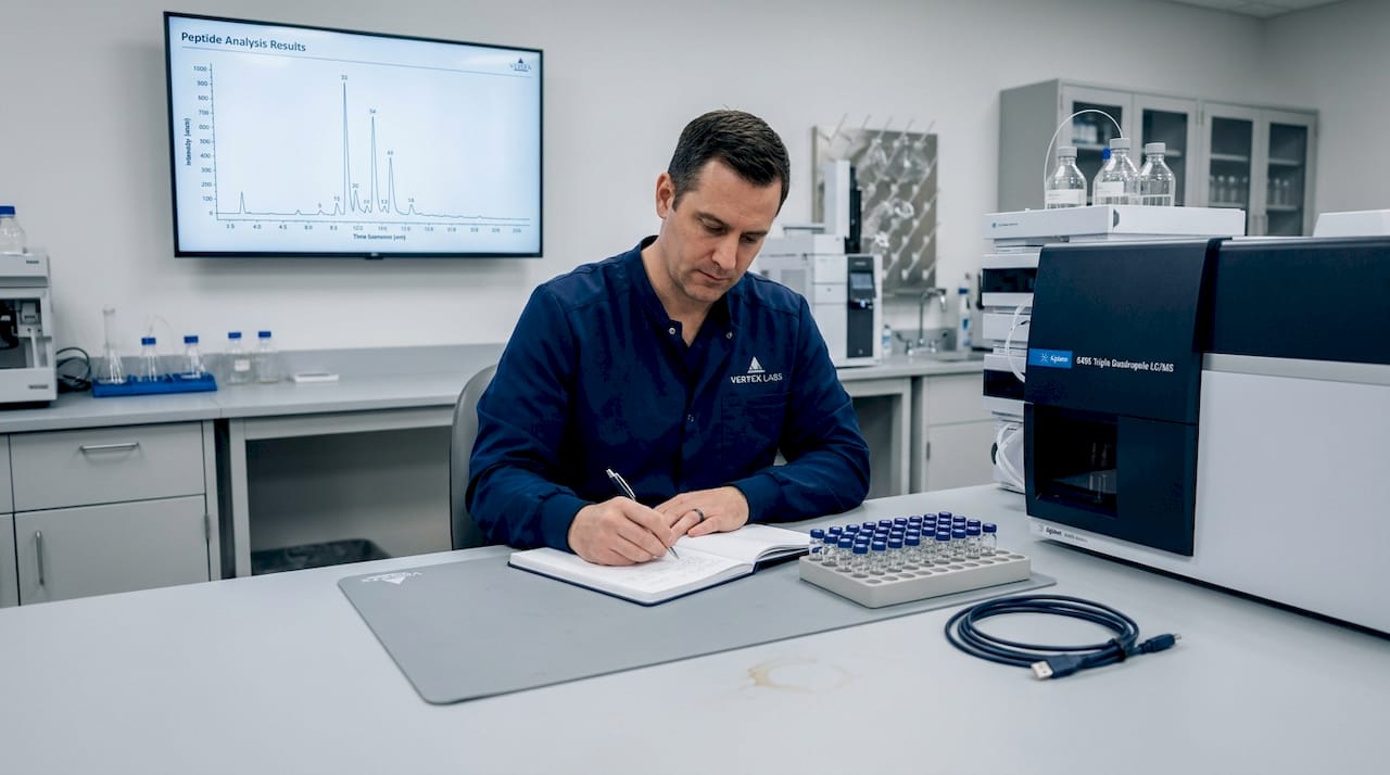 Technician at mass spectrometry lab workstation
