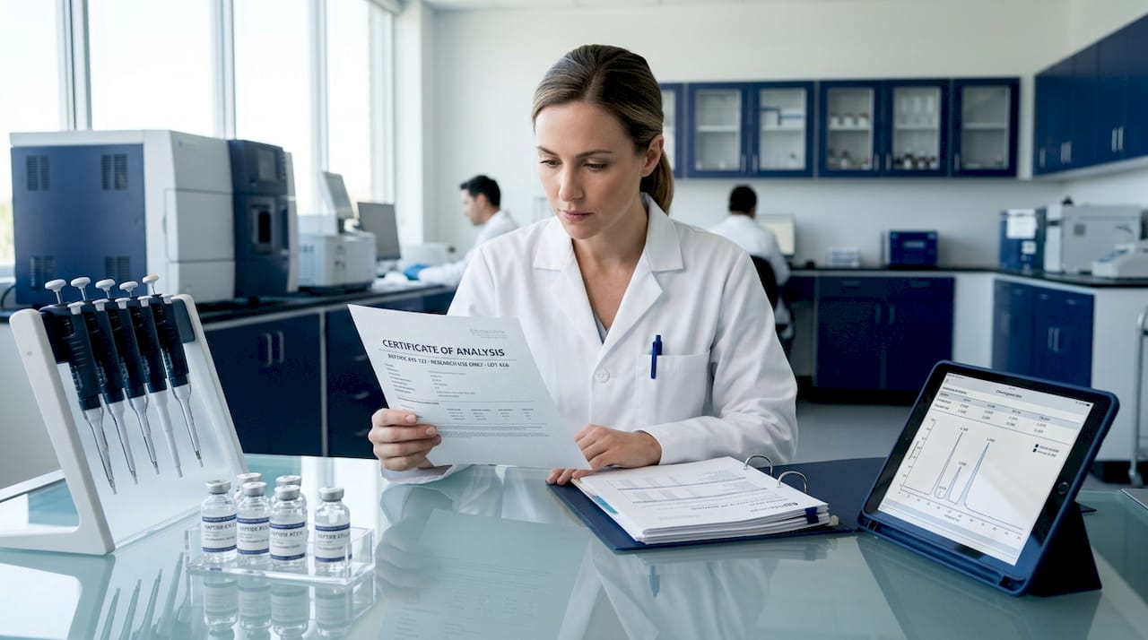 Lab technician reviews peptide Certificate of Analysis