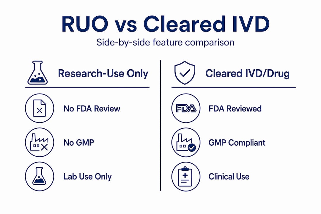 Infographic comparing RUO and FDA IVD features side by side