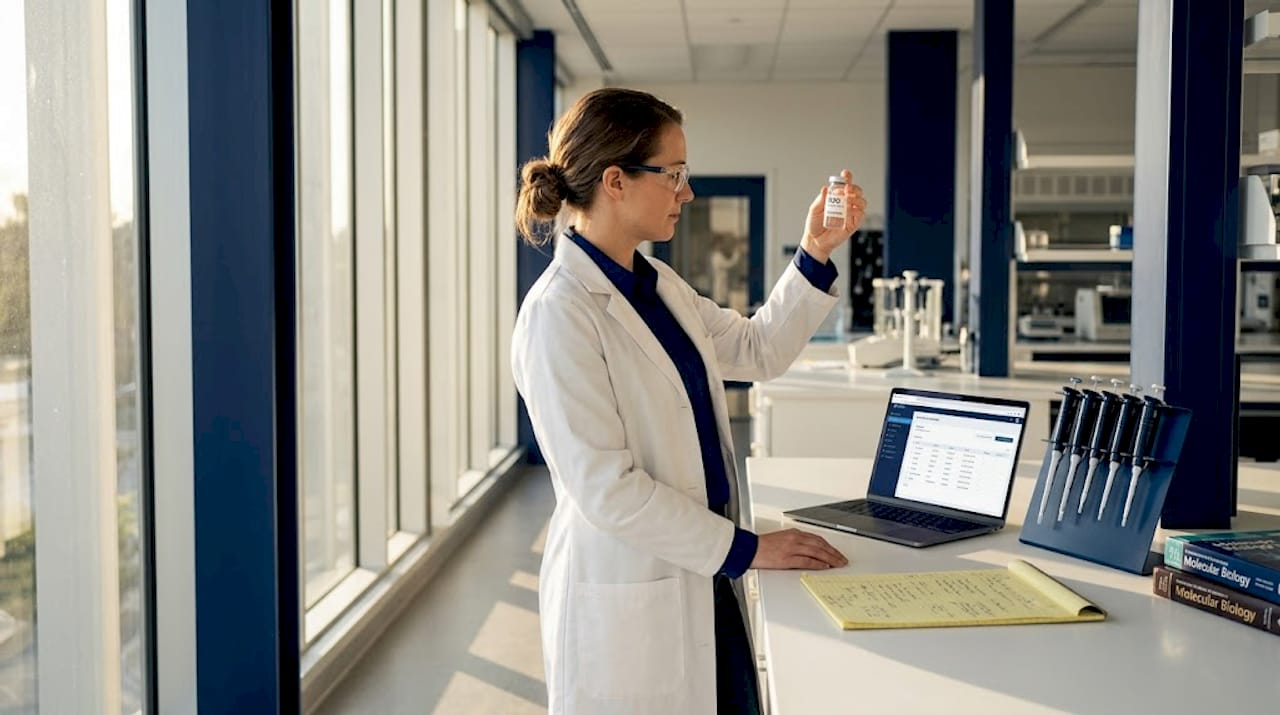 Scientist inspects labeled vial in laboratory setting