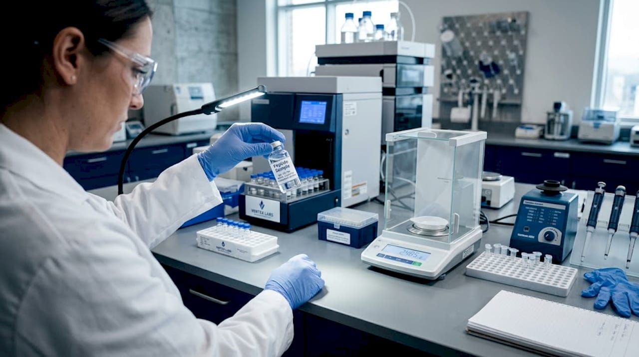 Quality control lab technician inspecting peptide sample