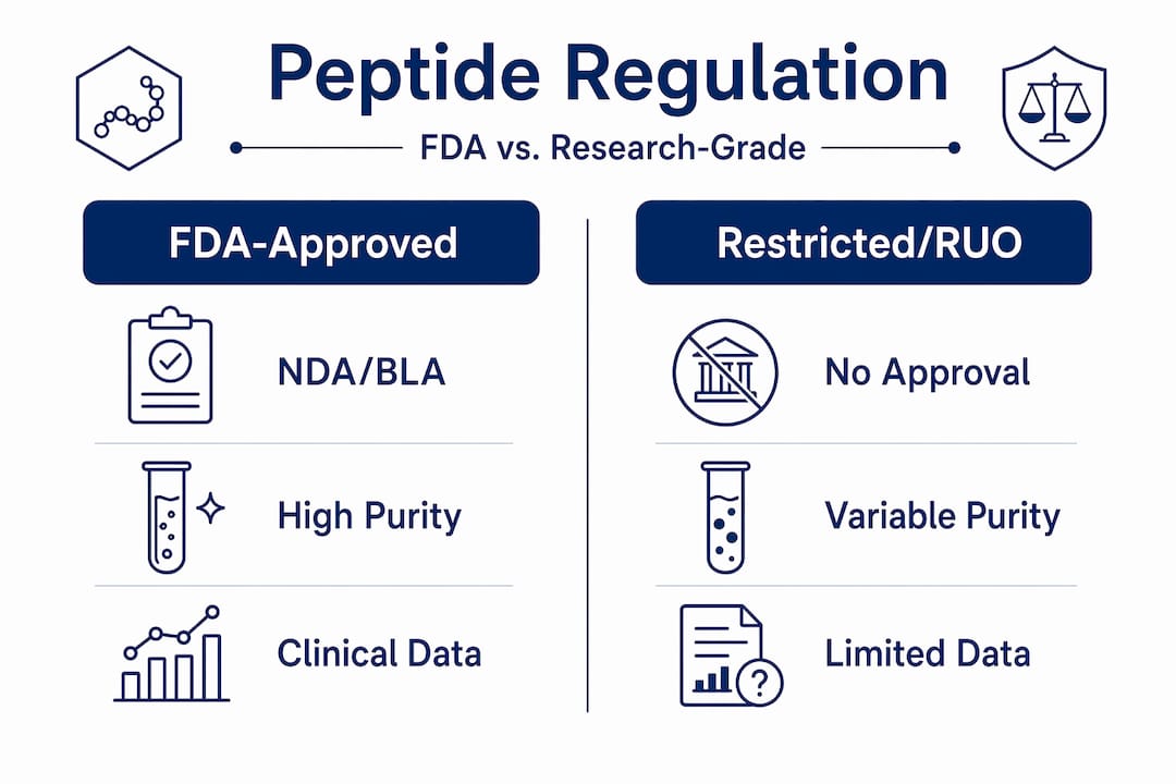 Infographic comparing FDA-approved and restricted peptide criteria