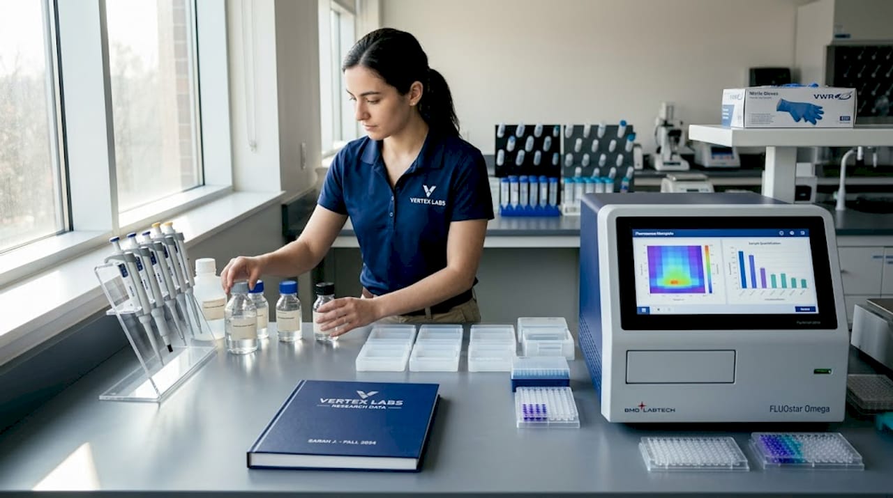 Graduate assistant setting up peptide assay lab bench
