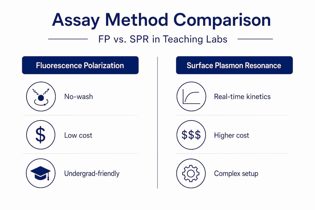 Infographic comparing assay methods for undergraduate labs