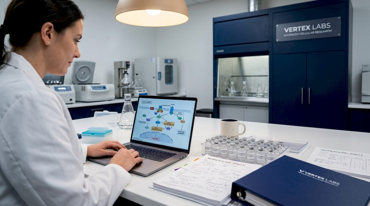 Scientist analyzing peptides at cluttered research bench