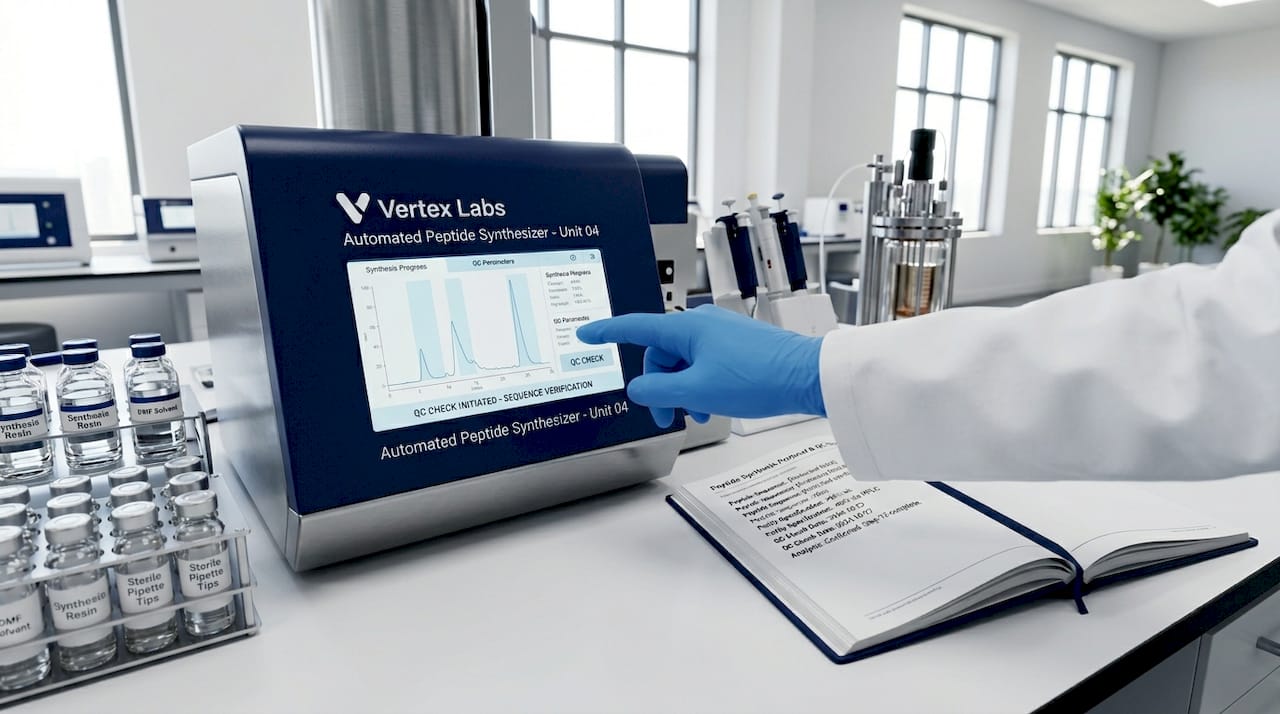 Lab technician checks peptide synthesis equipment