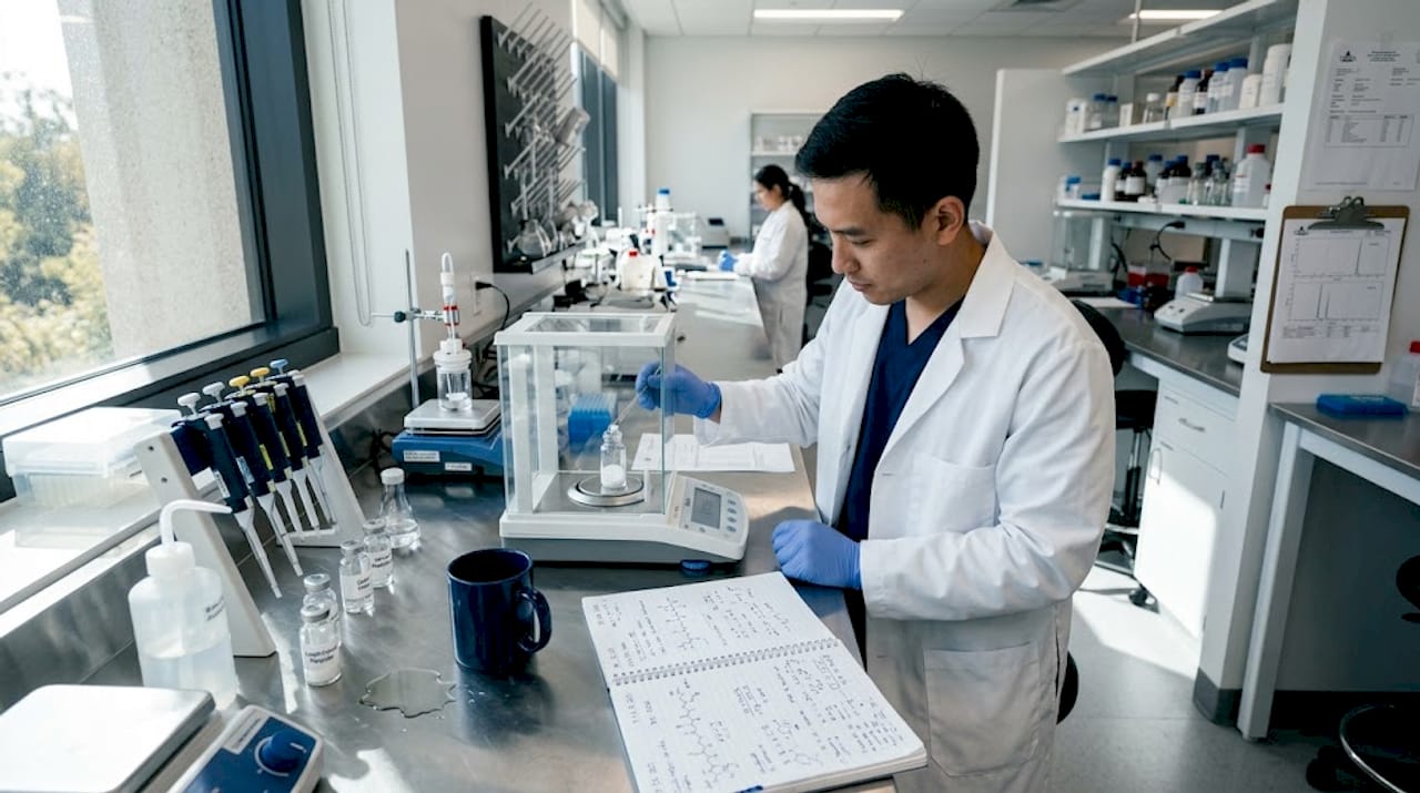 Lab scientist preparing peptides with lab tools