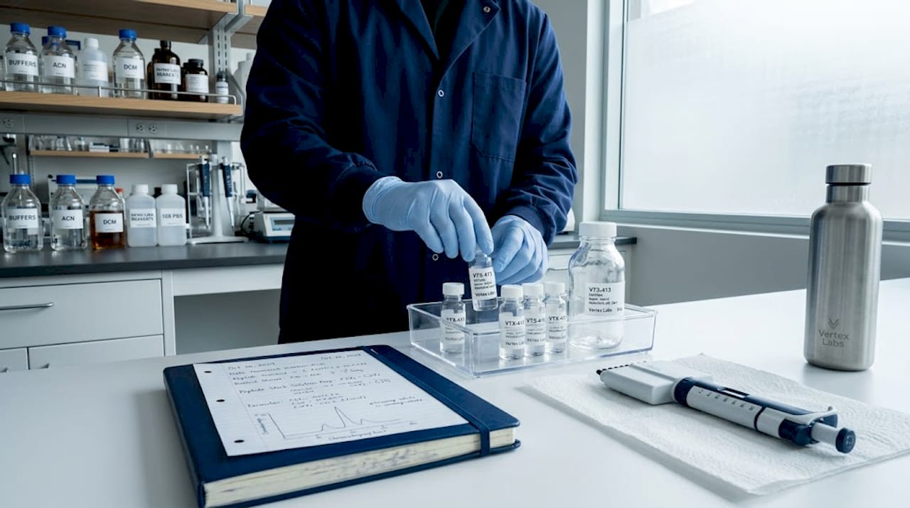 Lab technician arranges peptide vials on bench