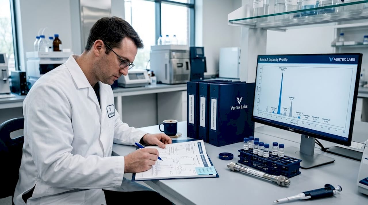 Lab technician reviews peptide report data