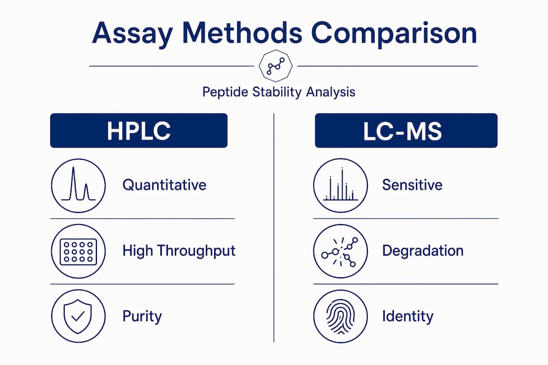 Assay method comparison infographic with HPLC and LC-MS