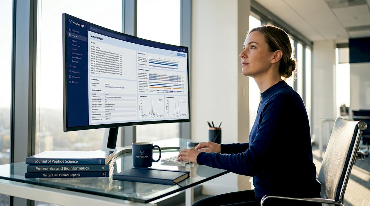 Researcher using peptide database on computer