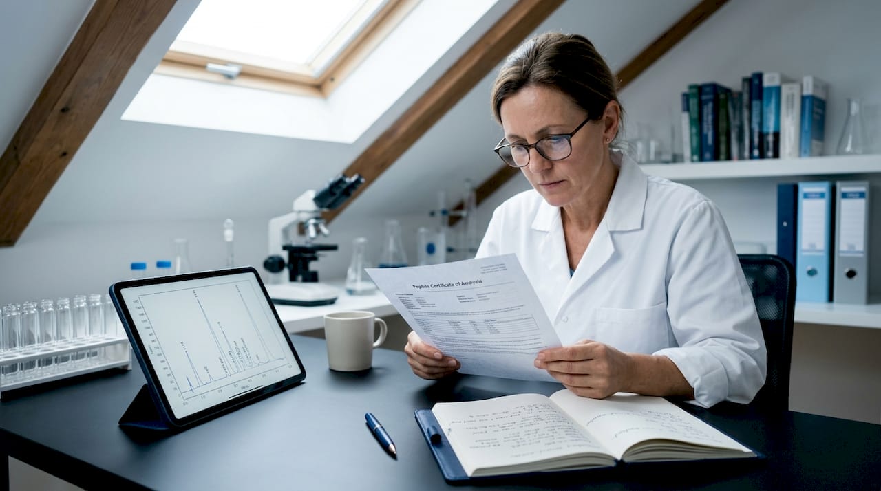 Researcher examining peptide analysis document