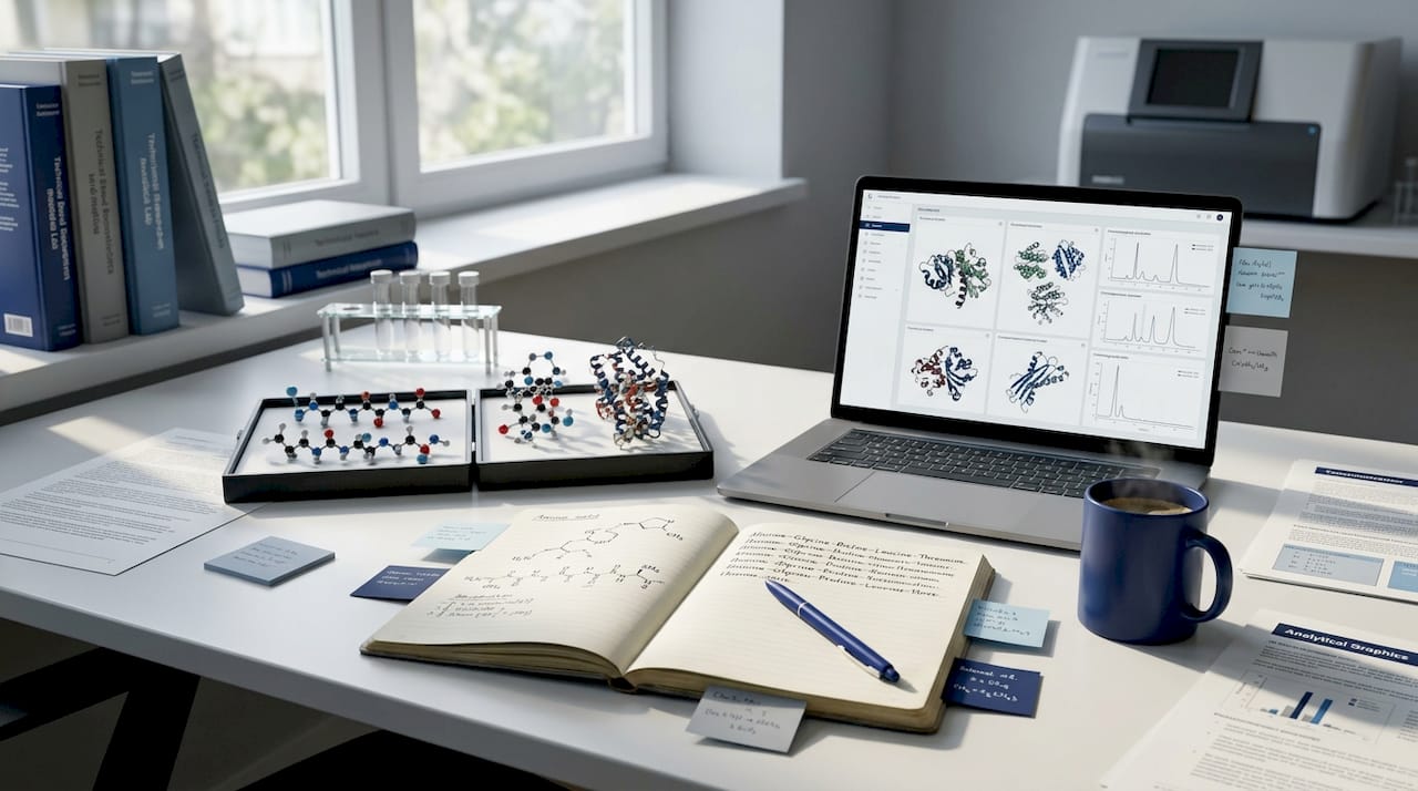 Researcher's desk showing peptide and protein models