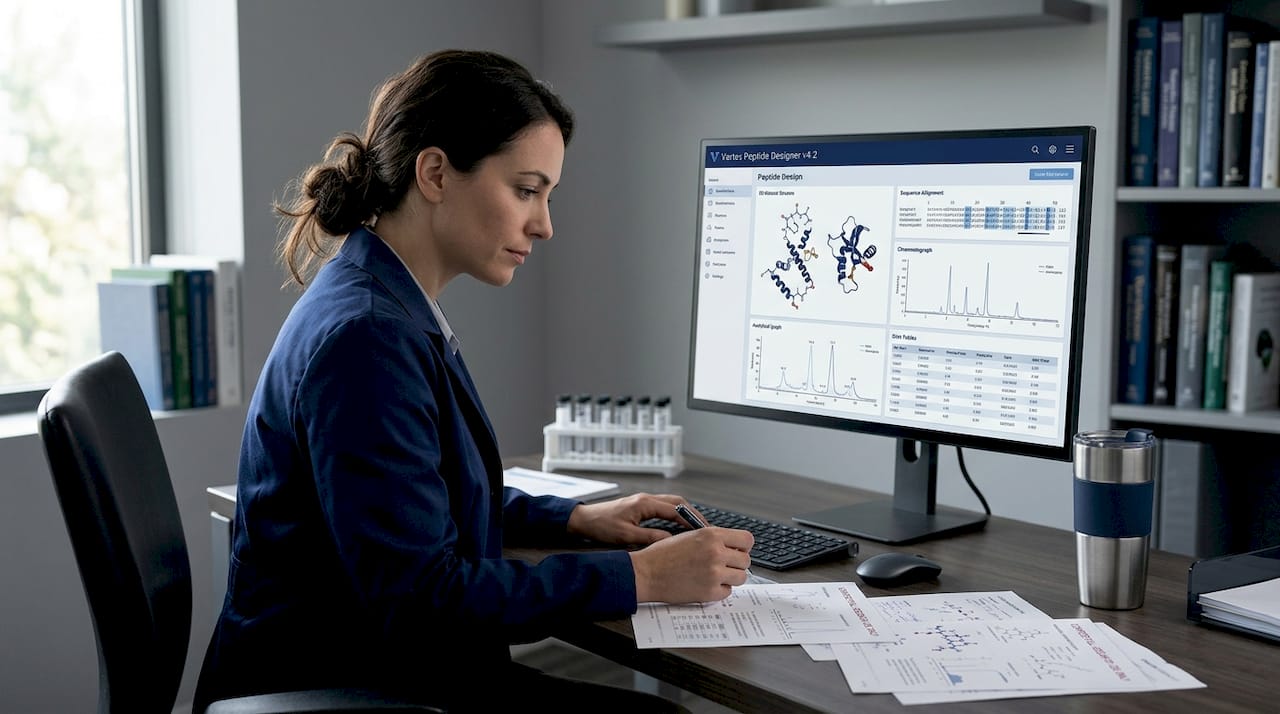 Scientist reviewing peptide sequence data at desk