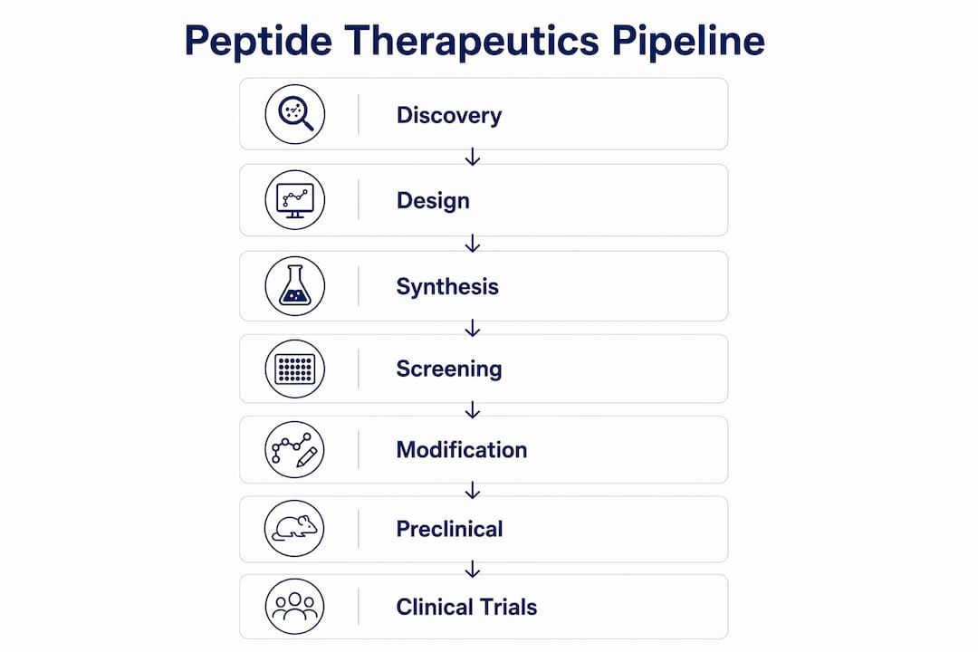 Infographic showing stages of peptide therapeutics pipeline