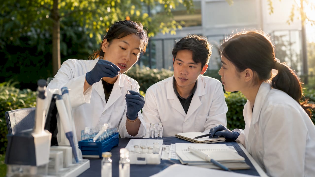 Lab member training peers in peptide handling