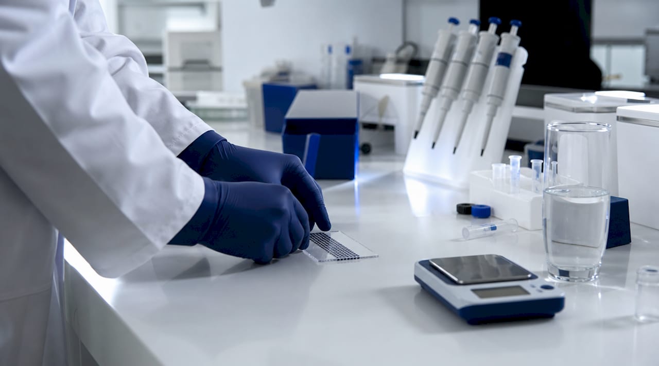 Hands preparing peptide microarray slide in lab