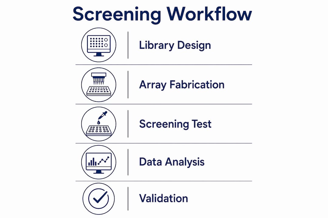 Infographic showing peptide array screening workflow steps