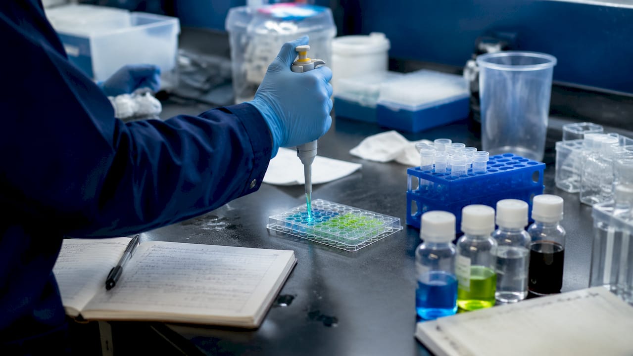 Hands pipetting fluorescent assay in lab