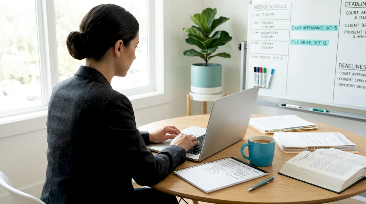 Attorney preparing legal explainer at home office table