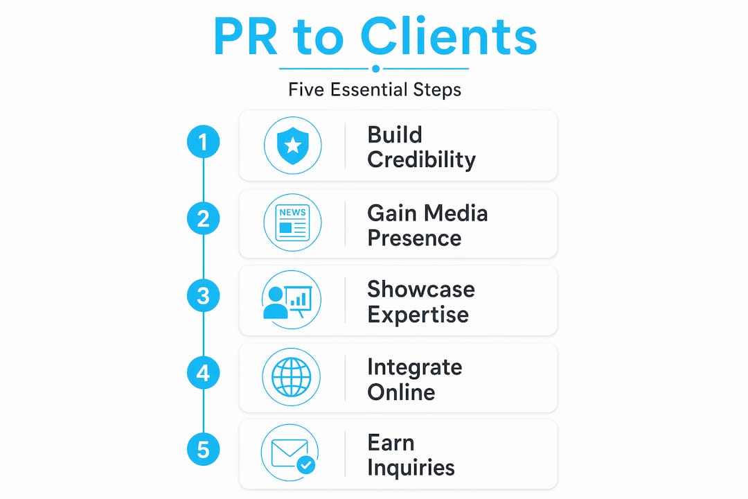 Infographic showing five PR steps for attorneys