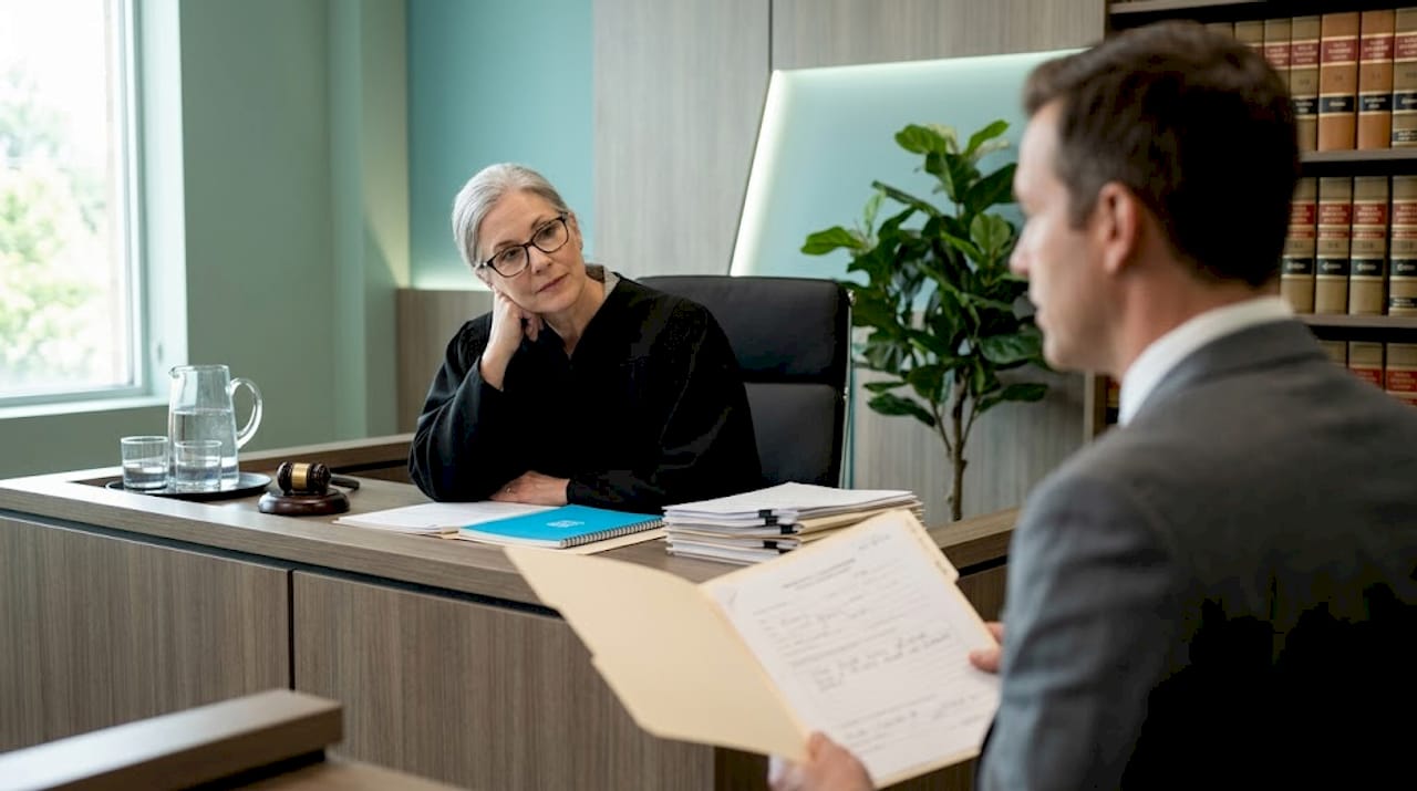 Judge listens to attorney at sidebar discussion