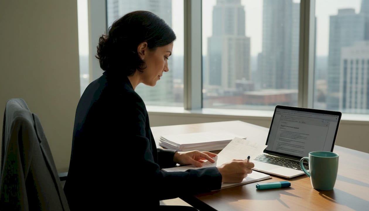 Woman reviewing crisis response checklist at computer