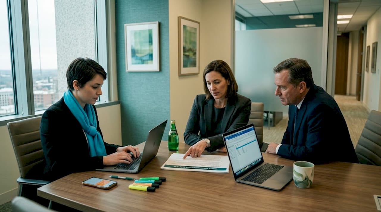 Lawyers reviewing crisis PR plan at table