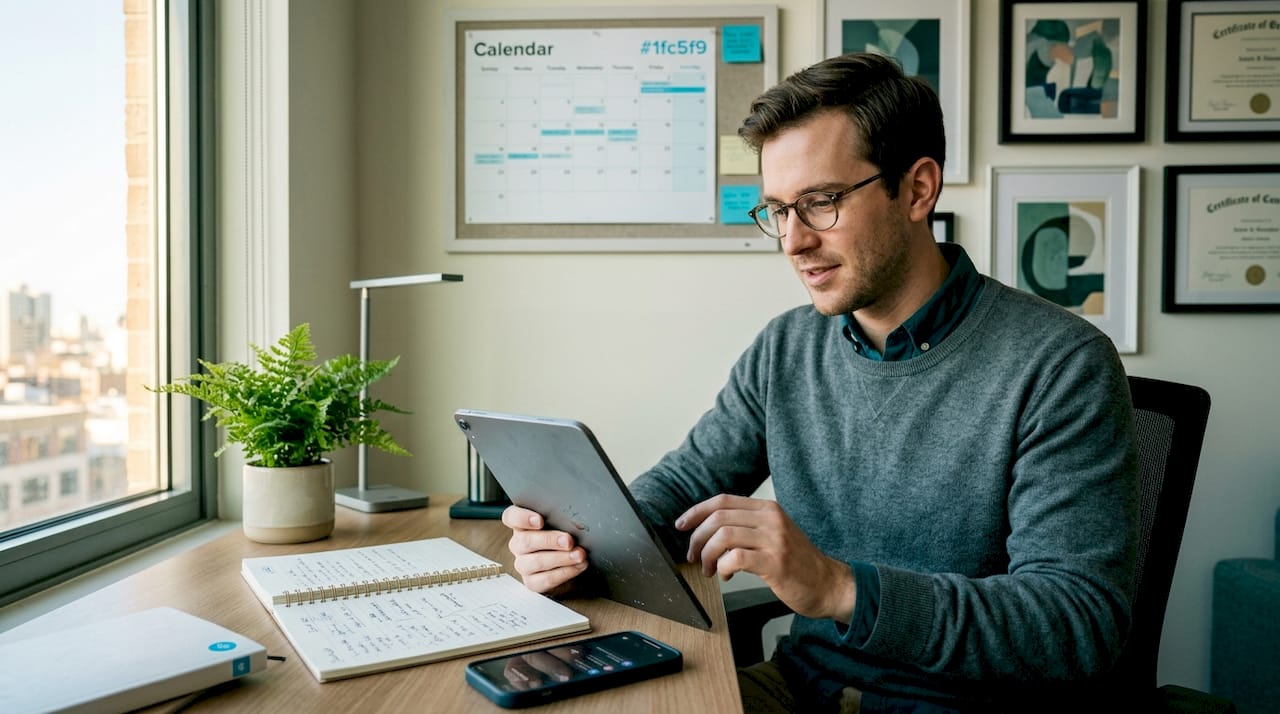 Psychologist checking social media notifications at kitchen table