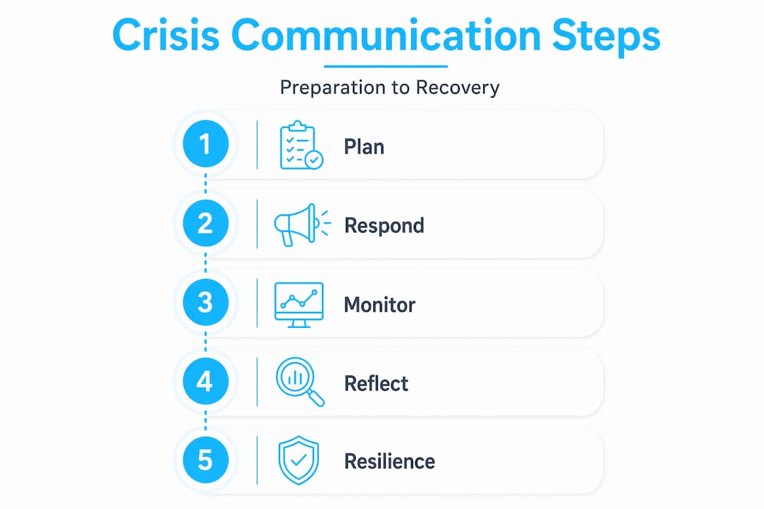 Vertical flow infographic of crisis communication steps