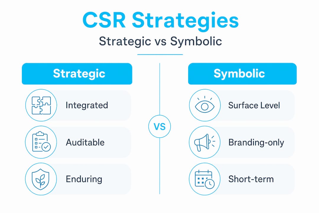 Split infographic comparing strategic and symbolic CSR
