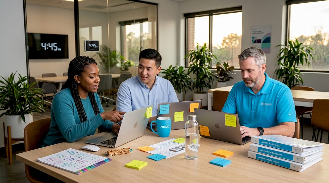 PR team collaborating on campaign materials in office
